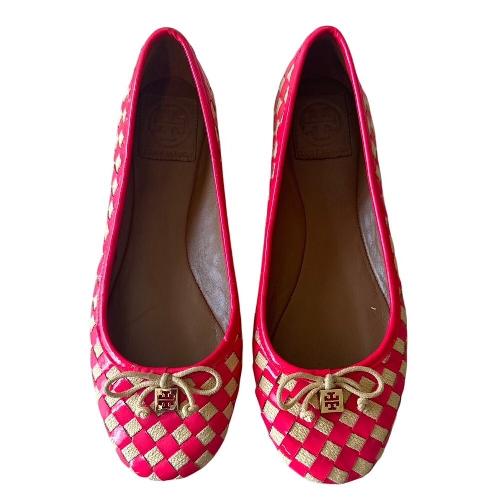Tory Burch Prescot Ballet Flats Neon Pink Woven Raffia 8